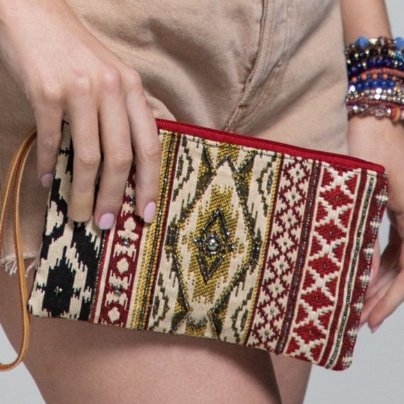 Ruggine Handbags - Handmade Hand Beaded Wristlet Clutch - Ethnic Inspired Design - Dyed Fine Cotton
